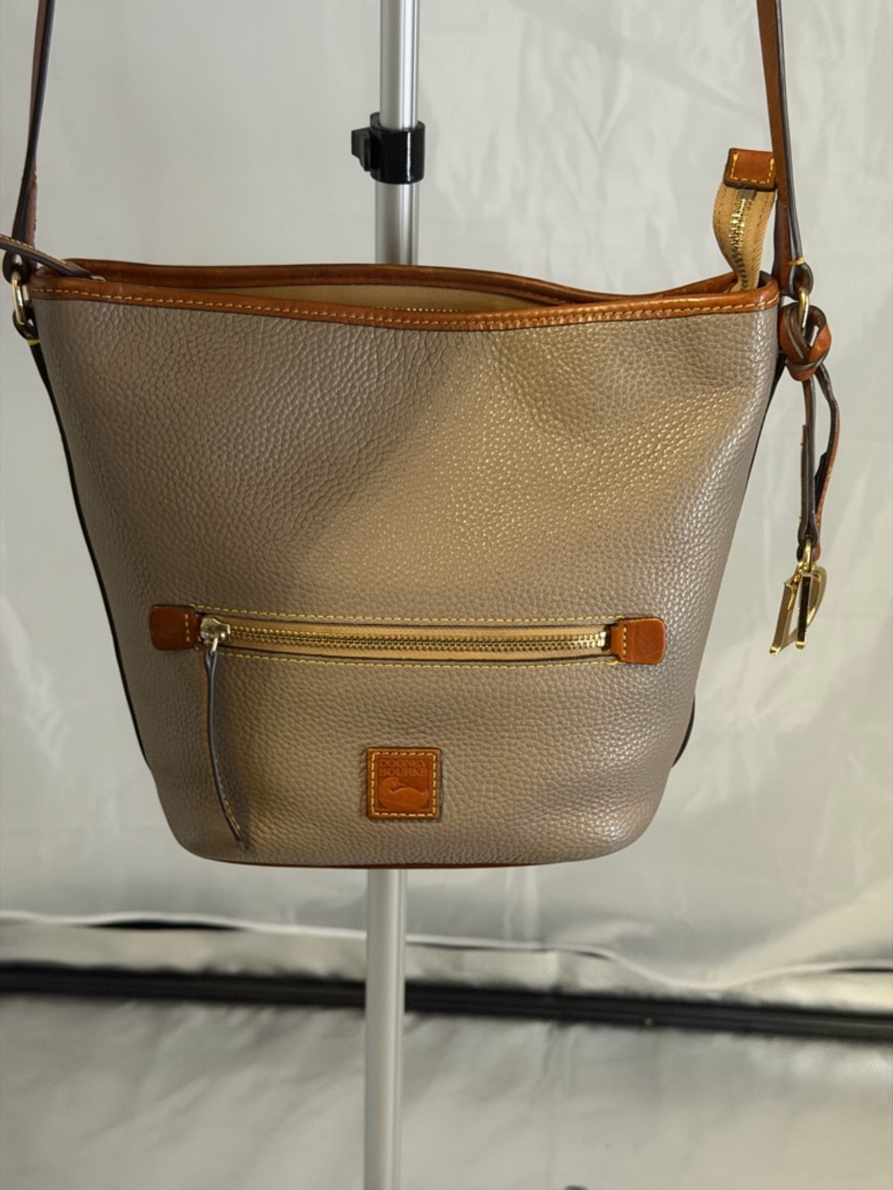 Dooney & Bourke Vintage Taupe Pebbled Leather Shoulder Bag with Tan Trim